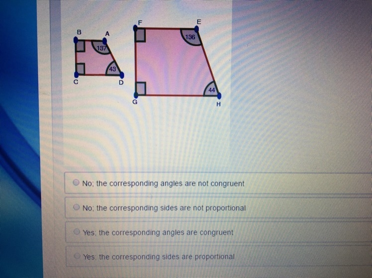 Are the following figures similar? A). no; the corresponding angles are not congruent-example-1