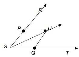 Line SU bisects angle RST. Which statement is NOT true? A) ∠RST = ∠RSU B) ∠RSU = ∠UST-example-1