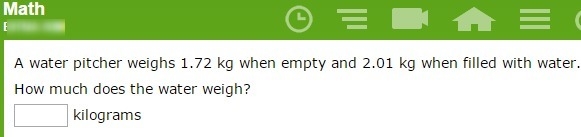 A water pitcher weighs 1.72 kg when empty and 2.01 kg when filled with water. How-example-1