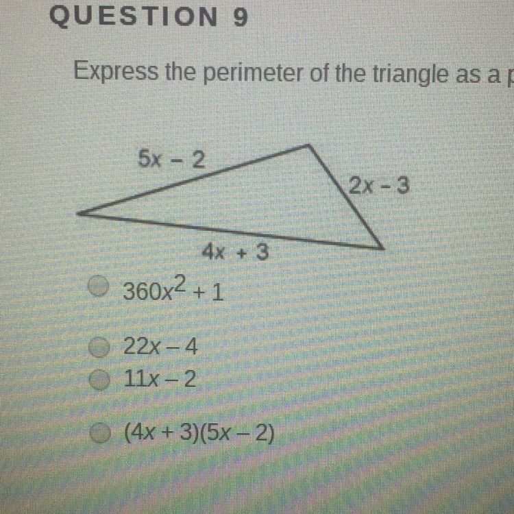 Express the perimeter of the triangle as a polynomial. (See pic)-example-1