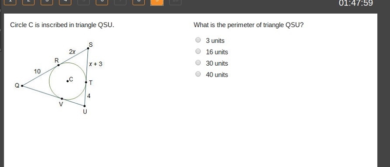 HELPPPPPP What is the perimeter of triangle QSU? 3 units 16 units 30 units 40 units-example-1