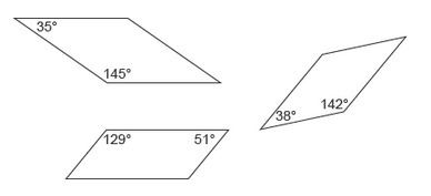 ﻿ Chloe draws three parallelograms. In each figure, she measures a pair of angles-example-1