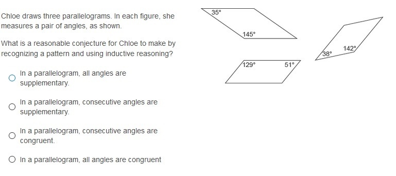 ﻿ Chloe draws three parallelograms. In each figure, she measures a pair of angles-example-3