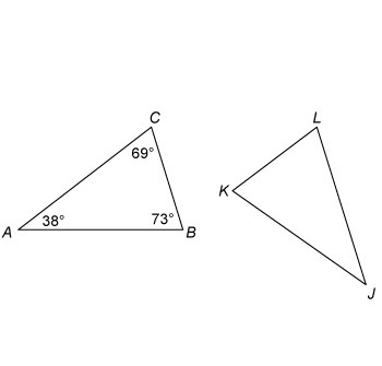 Δ ABC Δ JKL. What is m L? A. 38° B. 69° C. 73° D90°-example-1