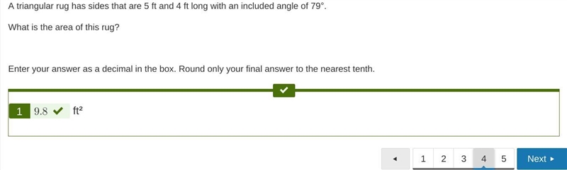 A triangular rug has sides that are 5 ft and 4 ft long with an included angle of 79°. What-example-1