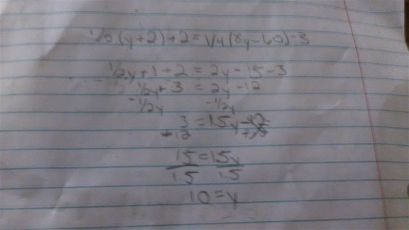 Help me solve this Step by step 1/2(y+2)+2=1/4(8y-60)-3-example-1