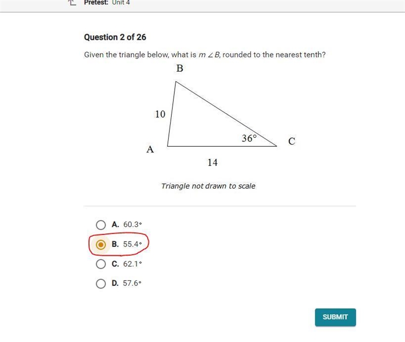 Can someone help me with this question "Given the triangle below, what is m (angle-example-1