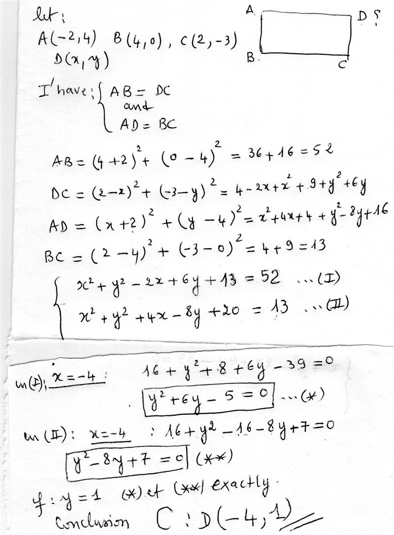 Three vertices of a rectangle are given. Find the coordinates of the fourth vertex-example-1