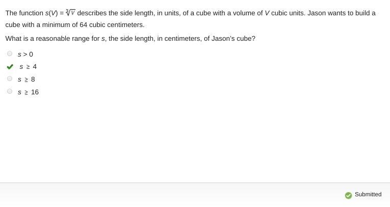 The function s(V) = describes the side length, in units, of a cube with a volume of-example-1