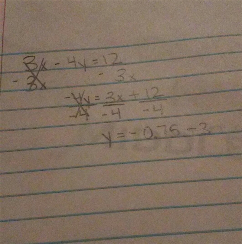 A graph models the equation 3x-4y=12-example-1