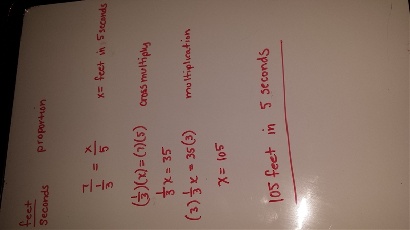 A bike travels 7 feet in 1/3 of a second. at the same speed, how many feet will it-example-1