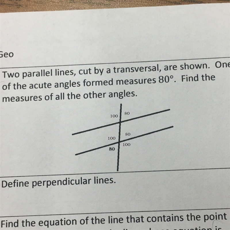 Two parallel lines, cut by transversal, are shown. One of the acute angles formed-example-1