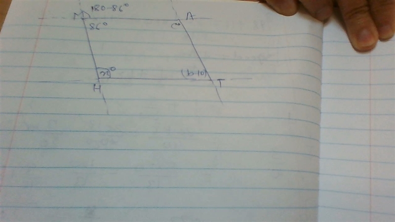 Given that MATH is a parallelogram, solve for x. A. 64 B. 74 C. 84 D. 94-example-1