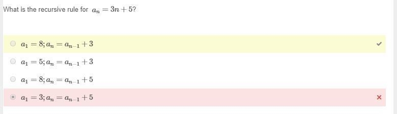 PLZ HELP!!!!!!!!!!What is the recursive rule for an=3n+5? a1=8;an=an−1+3 a1=5;an=an-example-1