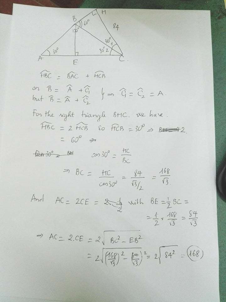 ∆ABC is isosceles, AB = BC, and CH is an altitude. How long is AC, if CH = 84 cm and-example-1