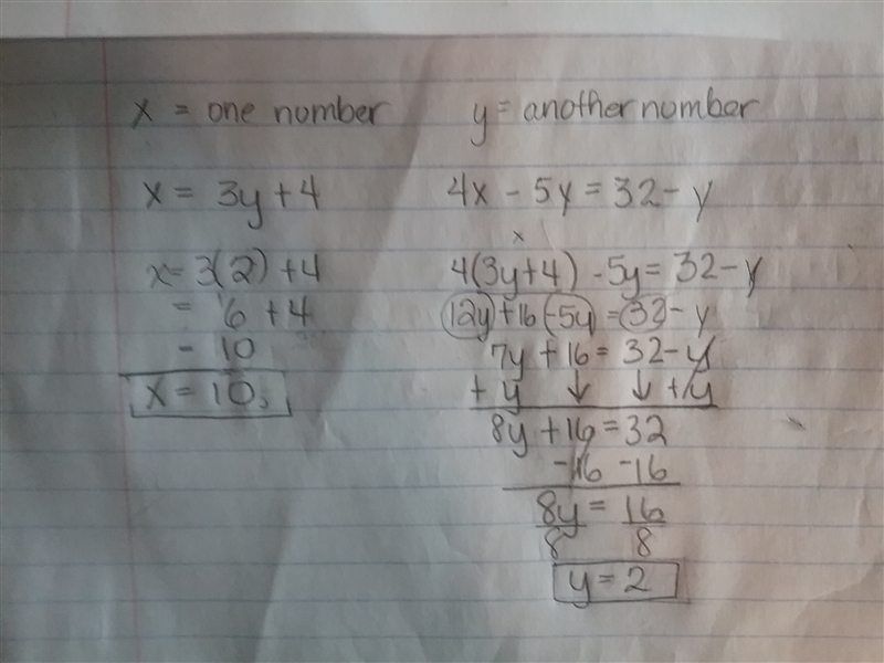 One number is 4 more than 3 times another. Four times the larger decreased by 5 times-example-1