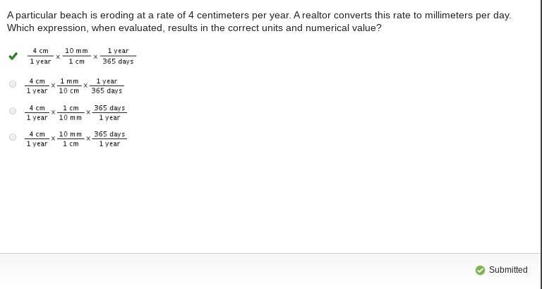 A particular beach is eroding at a rate of 4 centimeters per year. A realtor converts-example-1