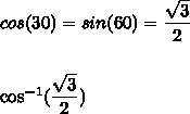 Simplify cos^*-1 (sqrt(3)/2) A. 60° B. 30° C. 240°-example-1