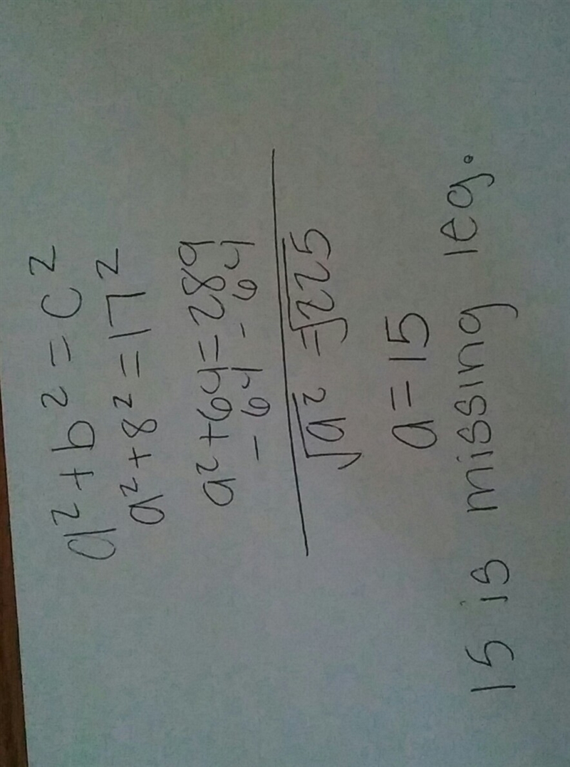 What is the length of one leg of a right triangle if the hypotenuse is 17 and one-example-1