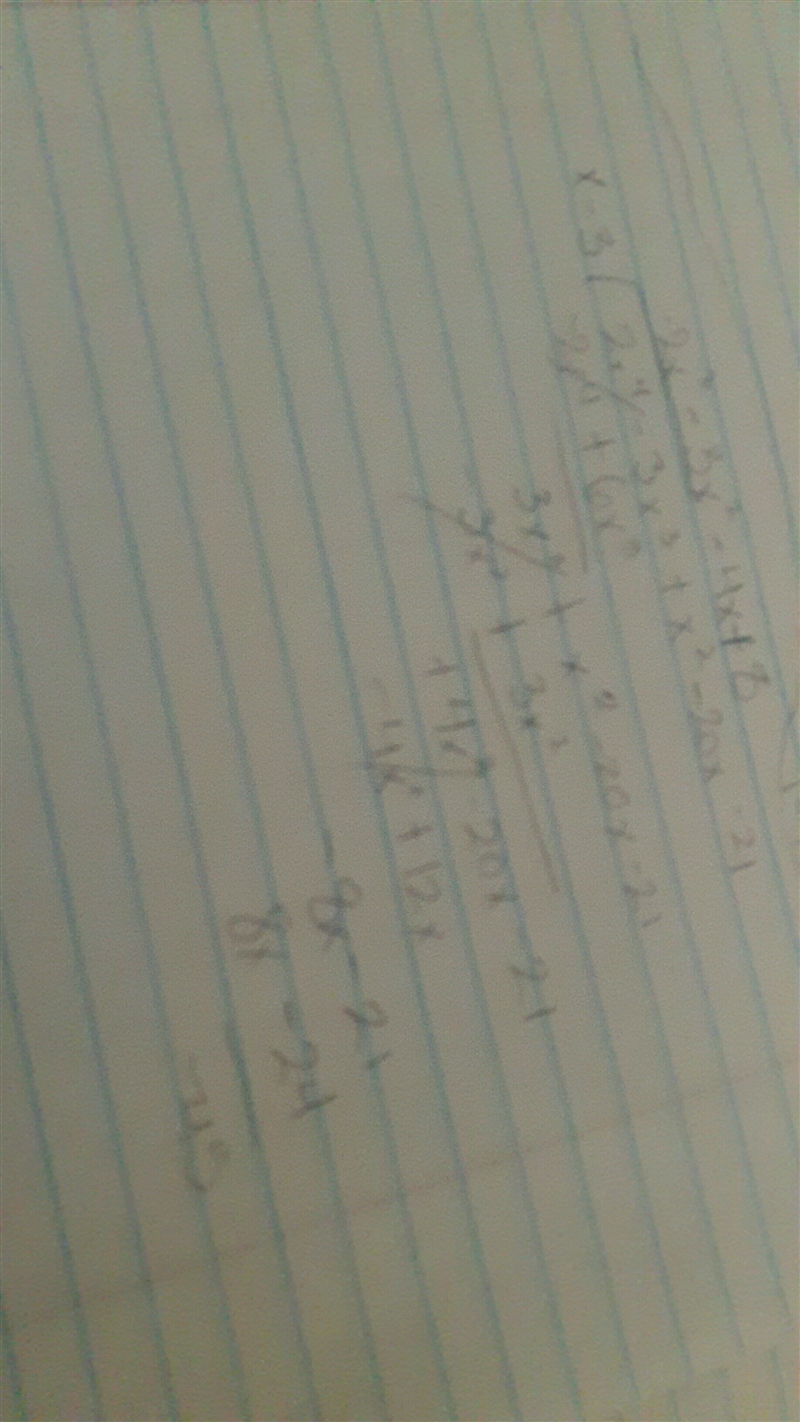 Using synthetic division, find (2x4 − 3x3 − 20x − 21) ÷ (x − 3).-example-1