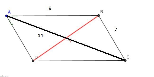 A parallelogram has a 7 inch side and a 9 inch side, and the longer diagonal is 14 inches-example-1