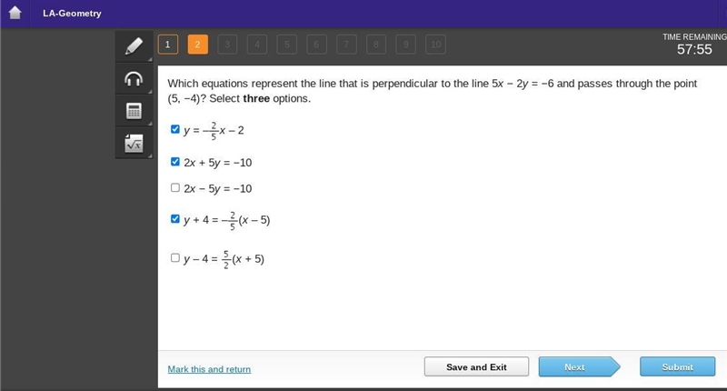 Which equations represent the line that is perpendicular to the line 5x − 2y = −6 and-example-1