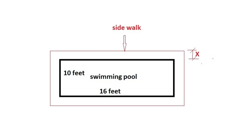 A rectangular swimming pool that is 10 ft wide by 16 ft long is surrounded by a cement-example-1