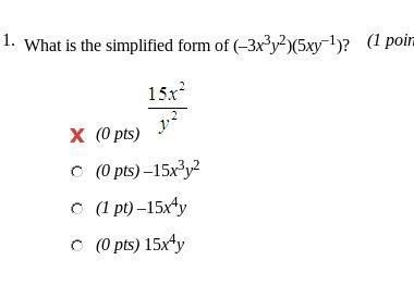 What is the simplified form of (-3x^3 y^2)(5xy^-1)-example-1