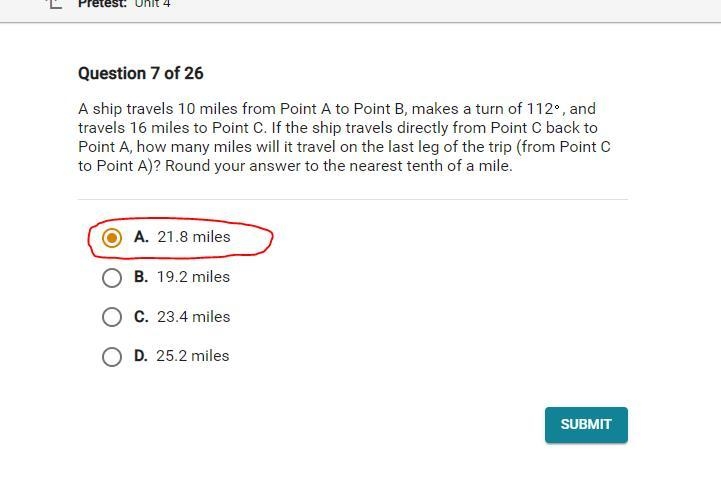 A ship travels 10 miles from Point A to Point B, makes a turn of 112, and travels-example-1