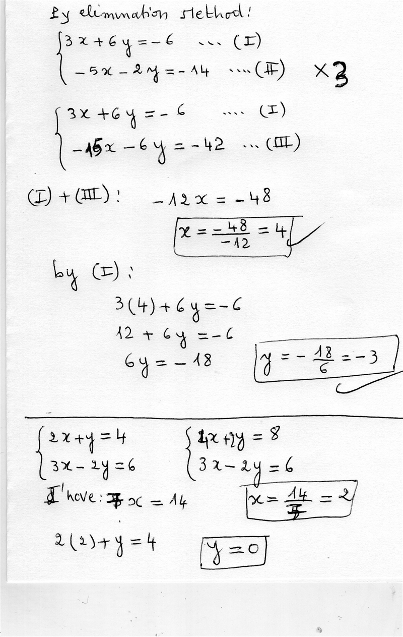 Solve using the elimination method 3x + 6y = -6 and -5x - 2y = -14 Solve the system-example-1