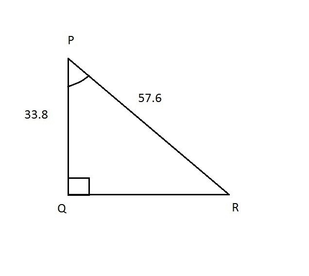 In △PQR, find the measure of ∡P. Triangle PQR where angle Q is a right angle. PQ measures-example-1