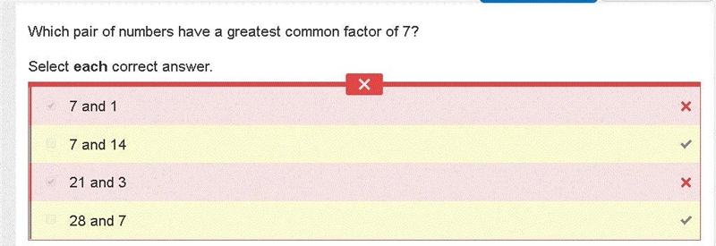 Which pair of numbers have a greatest common factor of 7? Select each correct answer-example-1