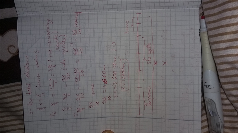 During a triathlon, Sharon swims 1/4 of the total route and cycles 3/5 of the remaining-example-1