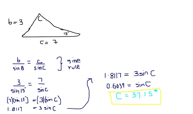 What is the sine of C if triangle ABC has b = 3, c = 7, and angle B = 15°?-example-1