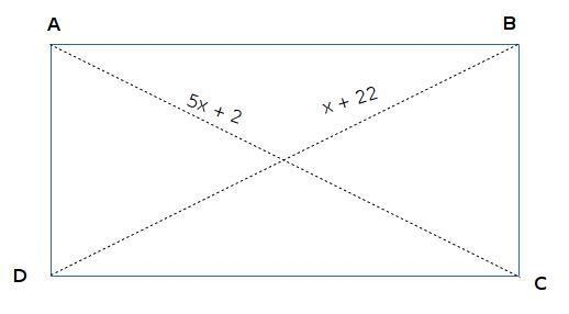 ABCD is a rectangle if AC= 5x+2 and BD= x+22 find the value of x-example-1