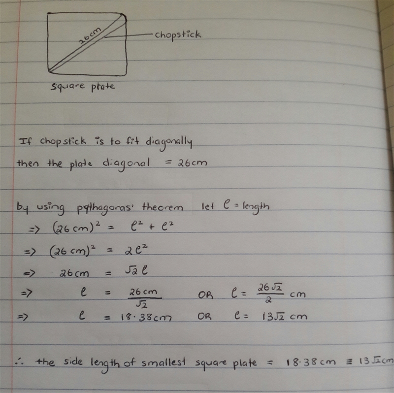 what is the side length of the smallest square plate on which a 26-cm chopstick can-example-1