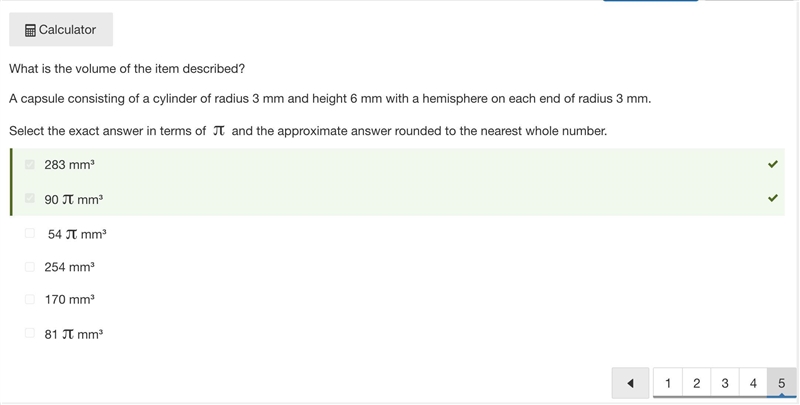 What is the volume of the item described? A capsule consisting of a cylinder of radius-example-1