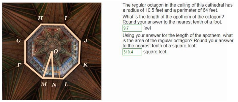 The regular octagon in the ceiling of this cathedral has a radius of 10.5 feet and-example-1