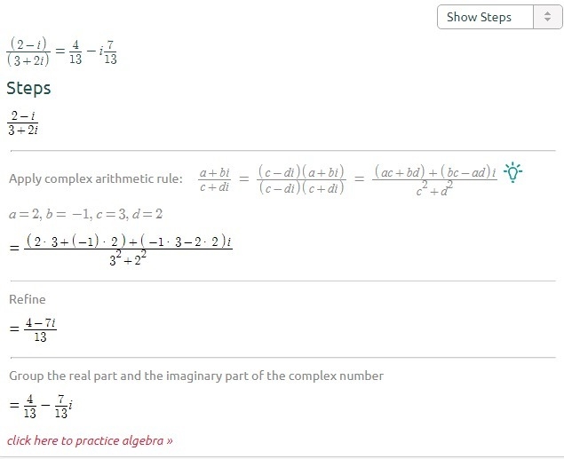 Solve this equation (2-i)/(3+2i)-example-1