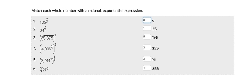 Match each whole number with a rational, exponential expression. 1. 256 2. 9 3. 16 4. 25 5. 225 6. 196-example-1