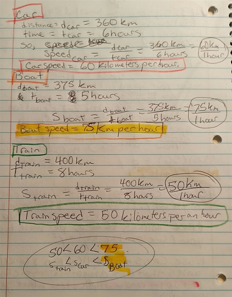 A car traveled 360 km in 6 h. A train traveled 400 km in 8 h. A boat traveled 375 km-example-1