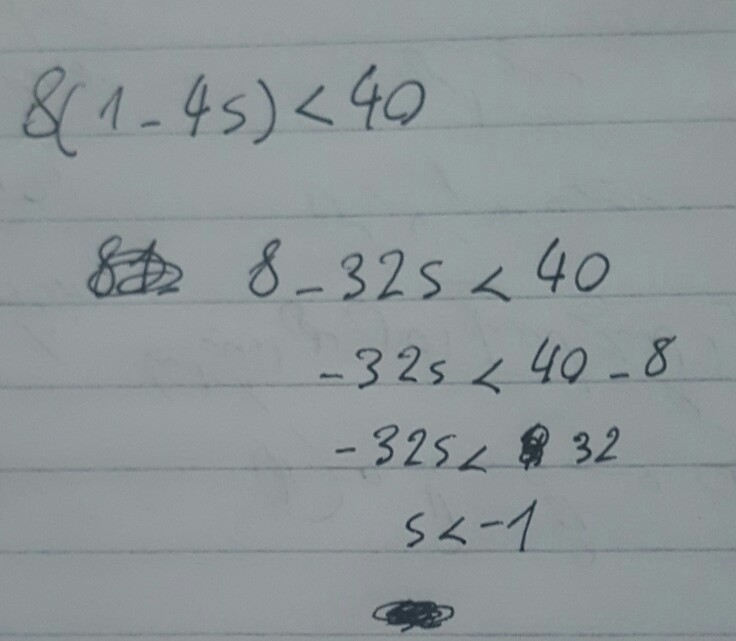 Solve the inequality 8(1 – 4s) < 40 for s.-example-1