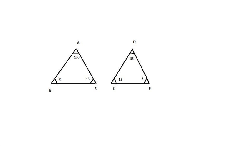 △ABC has interior angles with measures 130°, x°, and 15°, and △DEF has interior angles-example-1