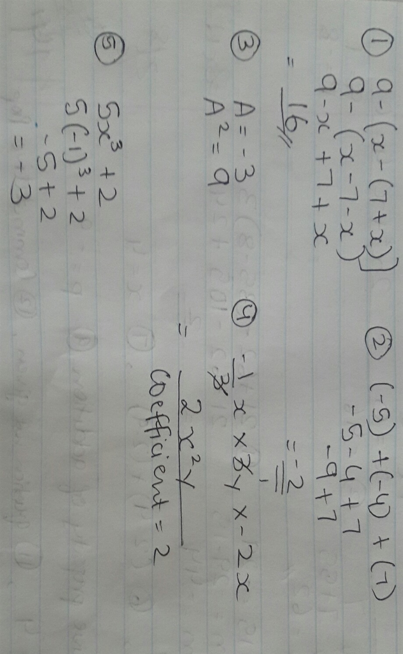 1) Simplify 9 - {x - (7 + x)} 2) Simplify (-5) + (-4) + (7). 3) Evaluate A^2 for A-example-1