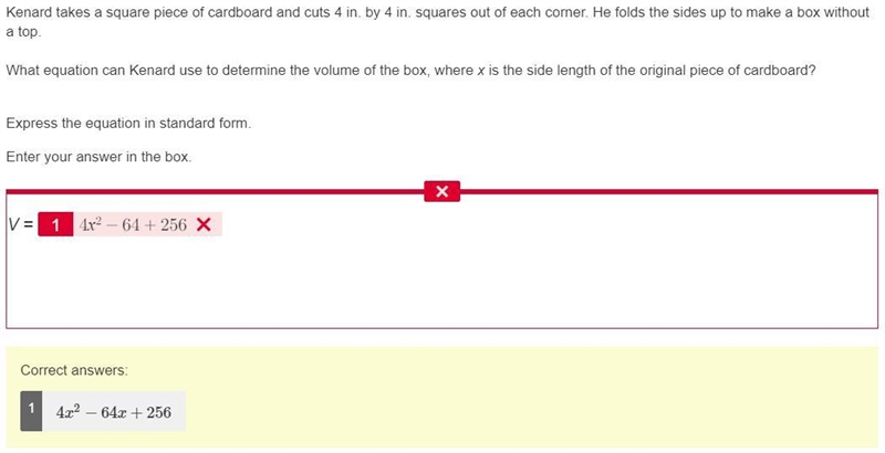 Kenard takes a square piece of cardboard and cuts 4 in. by 4 in. squares out of each-example-1