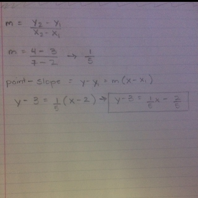 Complete the point-slope equation of the line through (2,3) and (7,4)-example-1