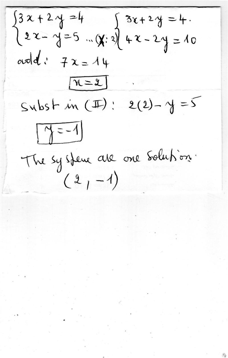 3x+2y=4 2x-y=5 This system of equations-example-1