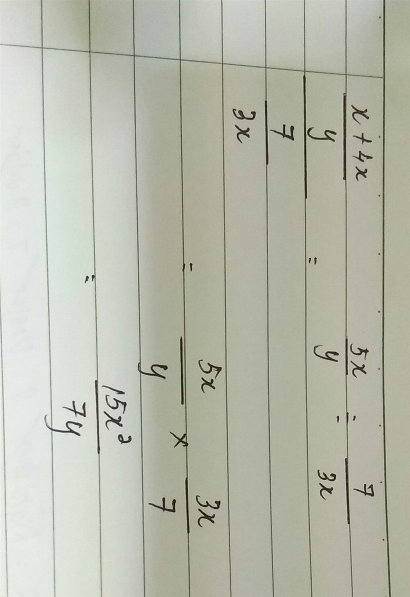 Simplify the complex fraction. x+4x/y/7/3x-example-1