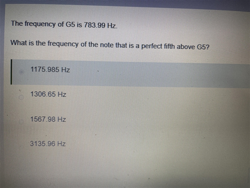 The frequency of G5 is 783.99 Hz. What is the frequency of the note that is a perfect-example-1