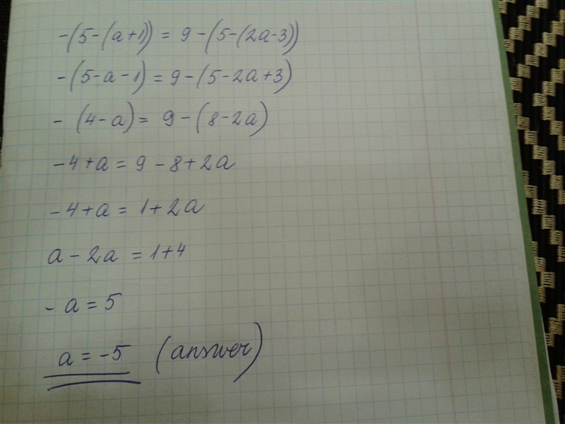 What is the solution to the equation -(5-(a+1))=9-(5-(2a-3))-example-1